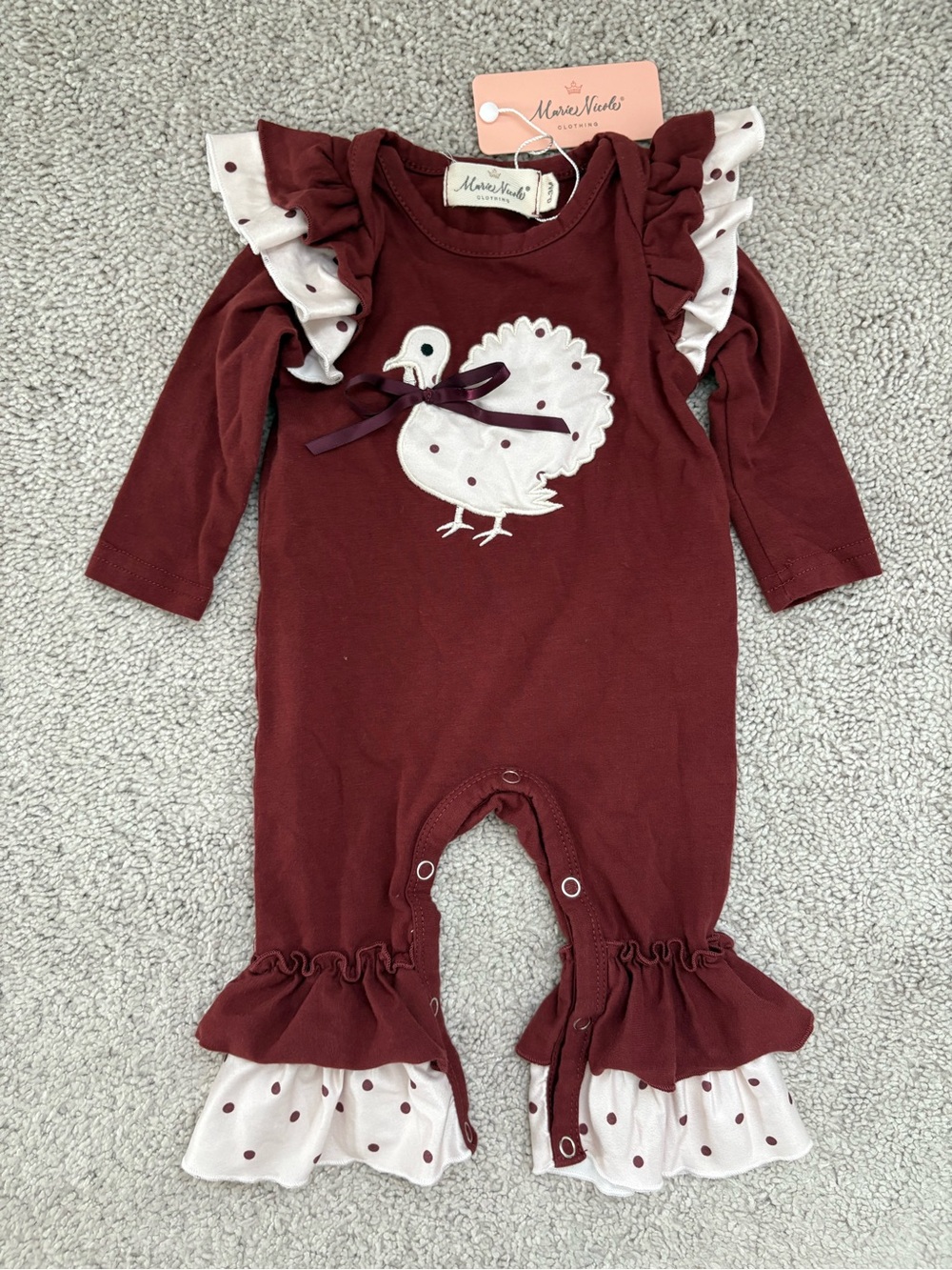 Marie Nicole Baby Turkey Embroidered Ruffle Bell Bottom Romper